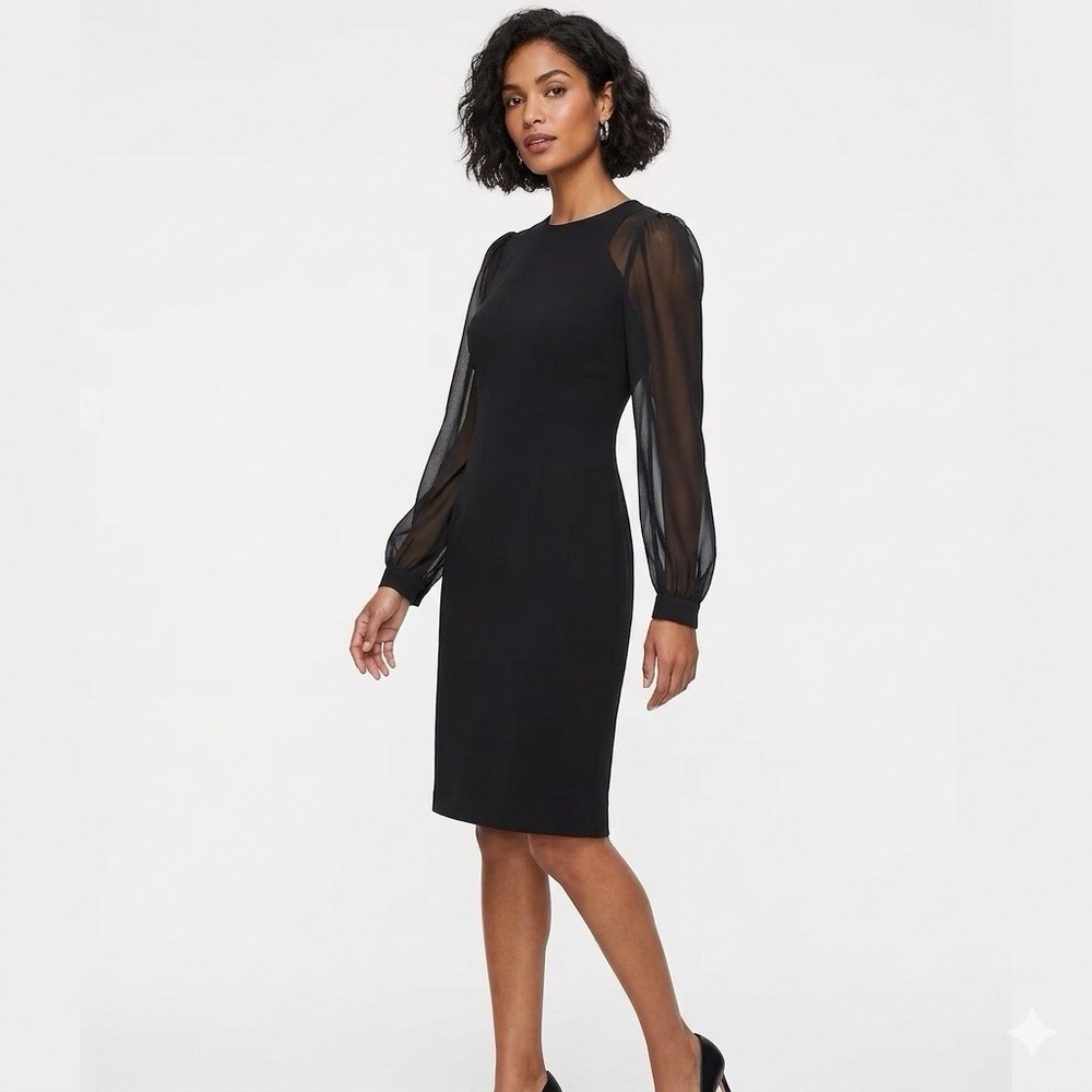 Antonio Melani Sheath Dress Sz 8 Black Long Sheer Puff Sleeves Round Neck Lined
